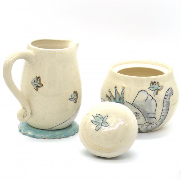 Sugar Creamer Set, Elephant sugar Creamer set, Ceramic  Handmade pottery, Hand painted Elephants, 24k accents, Pottery Anniversary picture