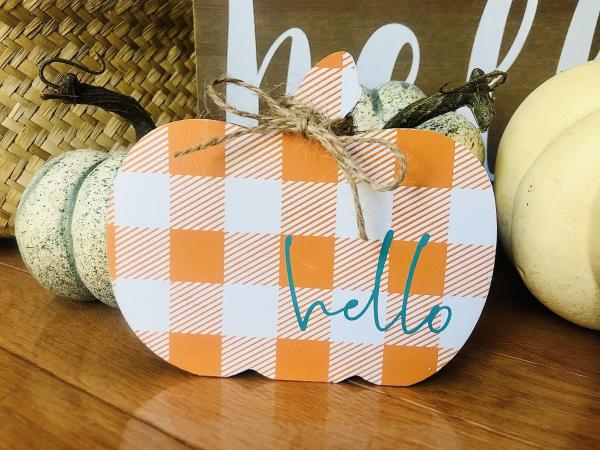 Hello Plaid Pumpkin Wooden Decor