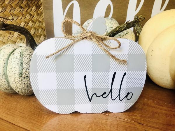 Hello Plaid Pumpkin Wooden Decor - Gray picture