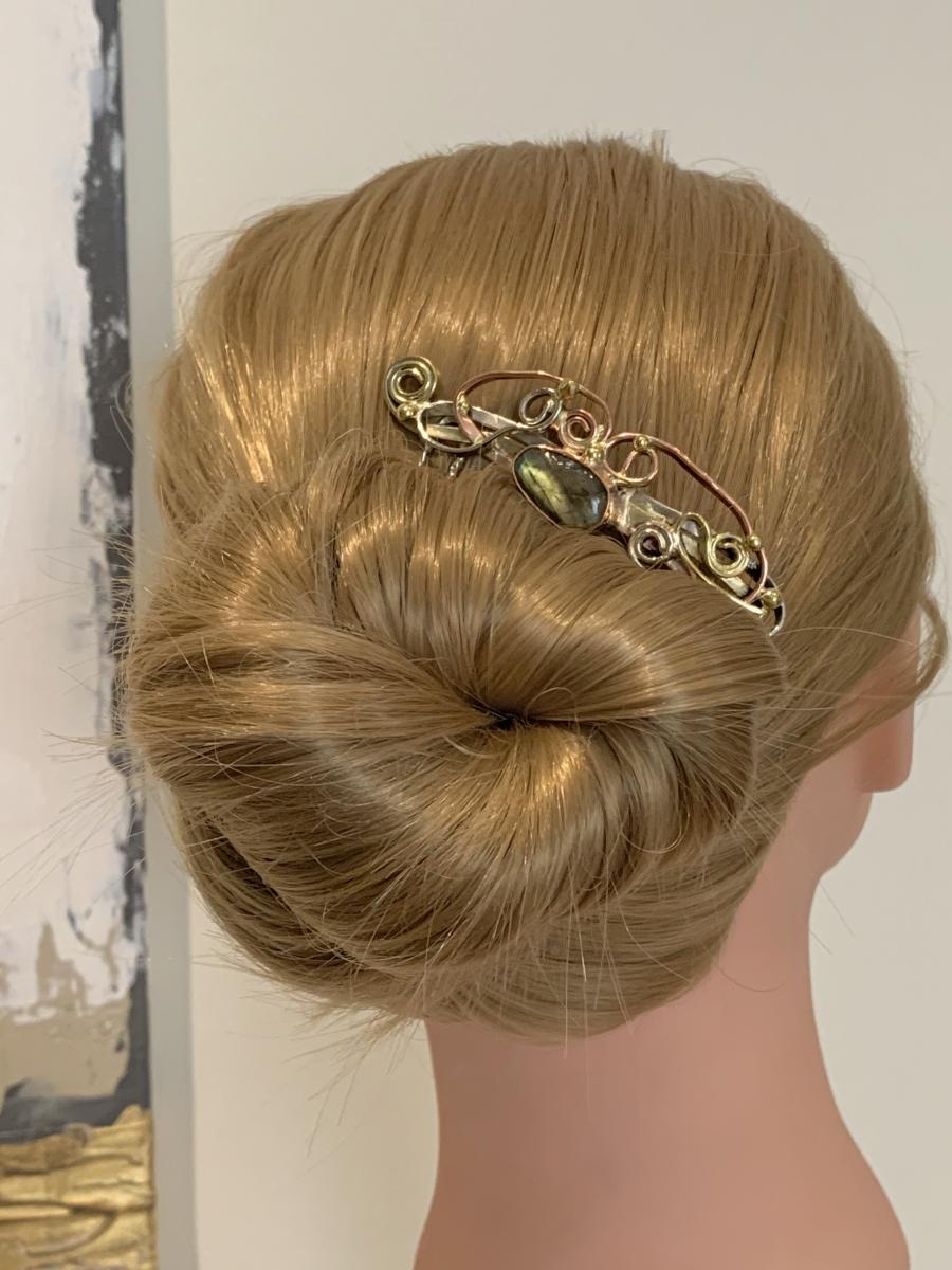 Hair comb, mixed metals with labradorite stone picture