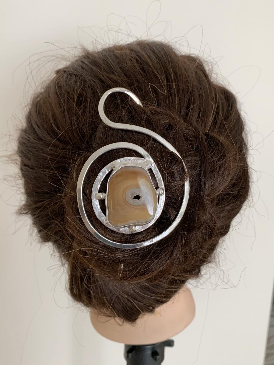 Scarf/Hair Pin silver plate with Geo stone picture