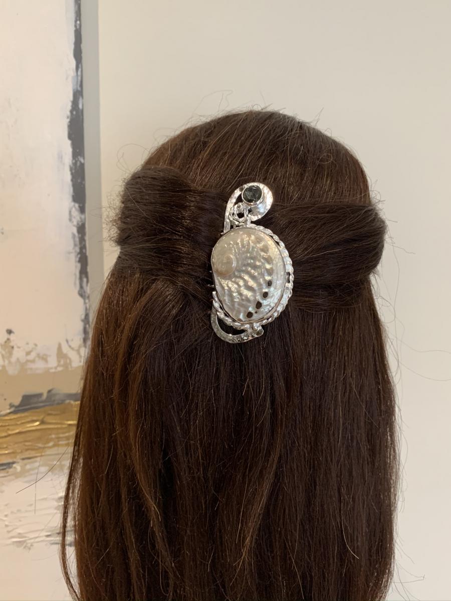 Hair comb, silver plated with natural shell and vintage crystal picture