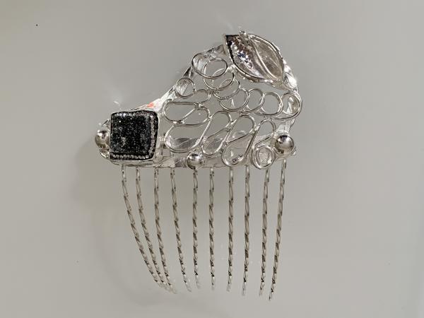 Hair comb, silver plated with geo stone picture
