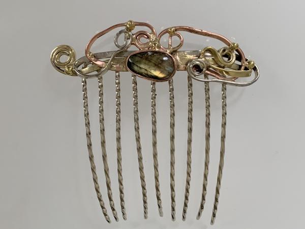 Hair comb, mixed metals with labradorite stone picture