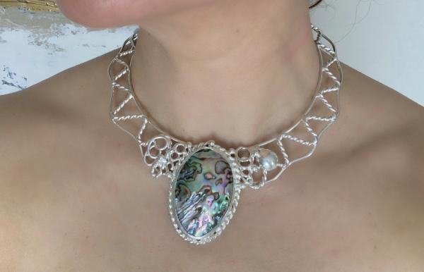 Necklace, silver plated with abalone picture