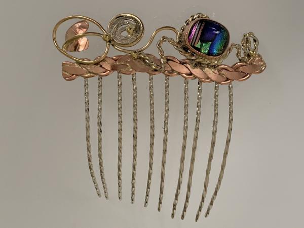 Hair comb, mixed metals with dichroic glass picture