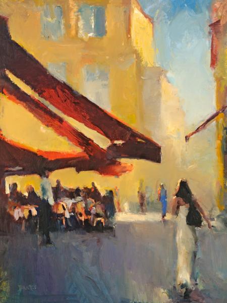 Red Awnings - 24" x 18" - oil on linen-lined panel