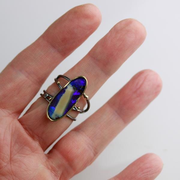 Vivid Violet Boulder Opal Ring with Swirled Band. Size 8 1/4. picture