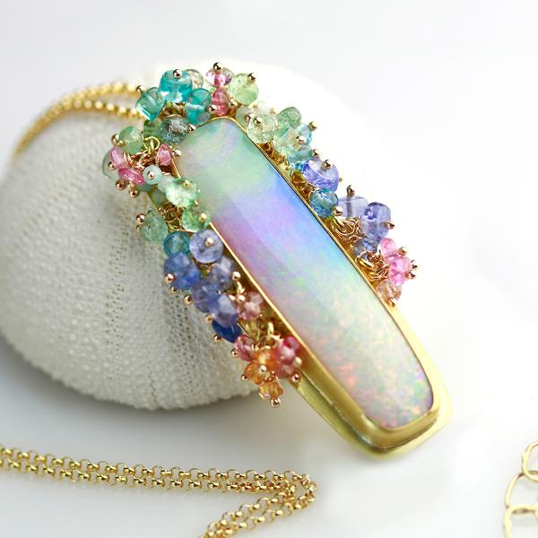 Long Queensland Pipe Opal Pendant with Fringe. 22k and 18k Gold.
