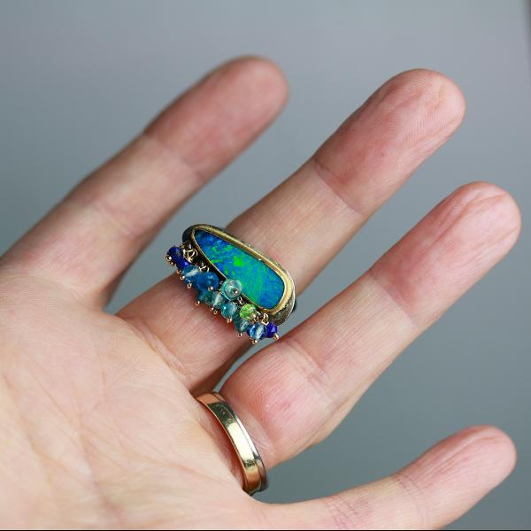 Blue Green Opal Ring with Gemstone Fringe. Size 7 1/2. picture