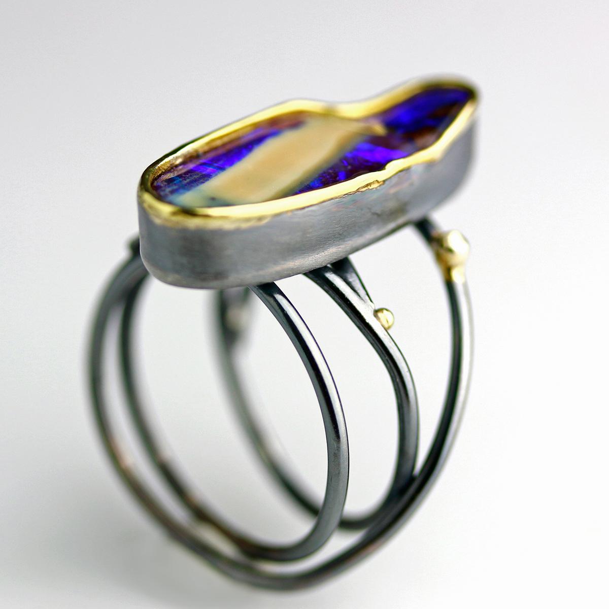 Vivid Violet Boulder Opal Ring with Swirled Band. Size 8 1/4. picture