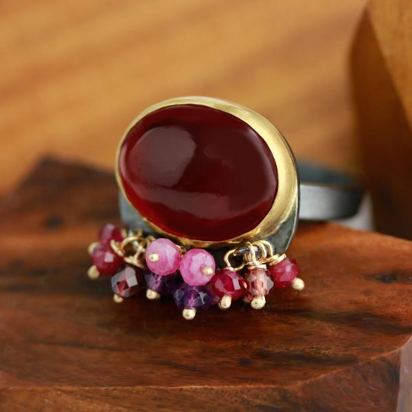 Garnet Ring with Amethyst, Ruby and Sapphire Fringe. Size 7. picture