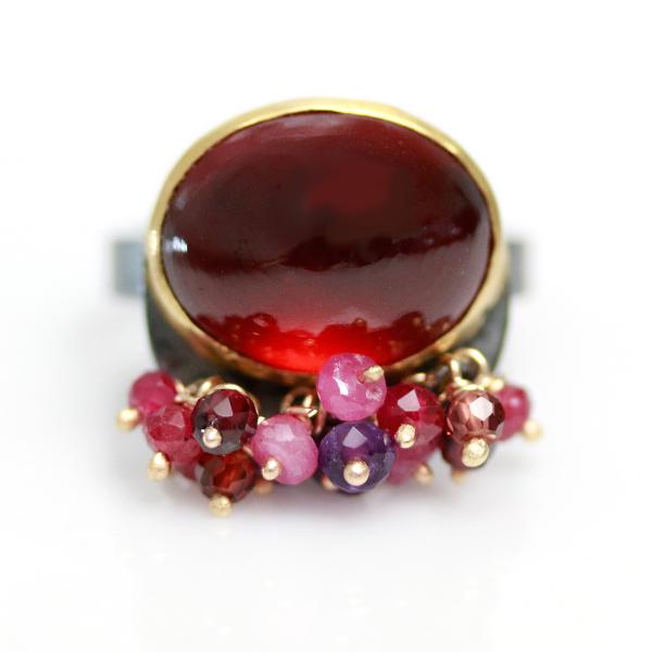 Garnet Ring with Amethyst, Ruby and Sapphire Fringe. Size 7. picture