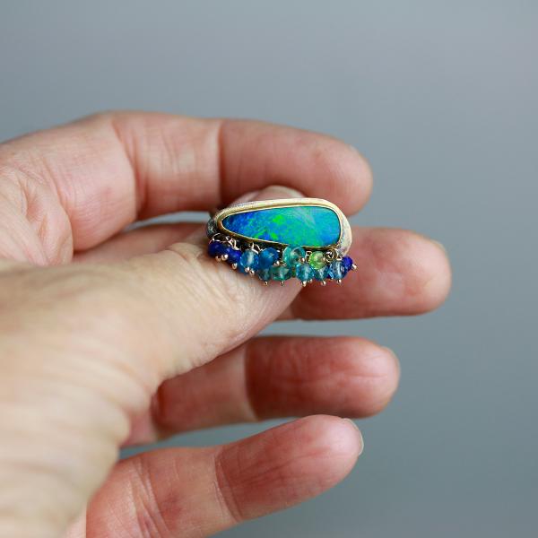 Blue Green Opal Ring with Gemstone Fringe. Size 7 1/2. picture