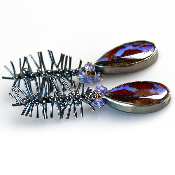 Boulder Opal and Tanzanite Earrings with Oxidized Silver Dotted Branches picture