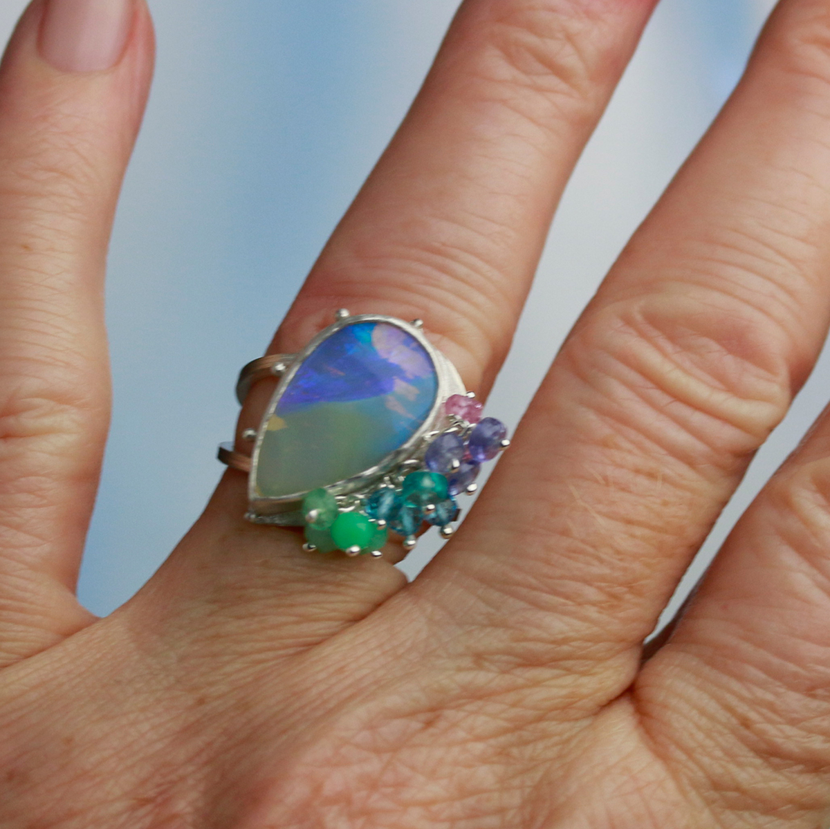Mermaid Shades Boulder Crystal Opal Ring. Size 7 3/4. picture