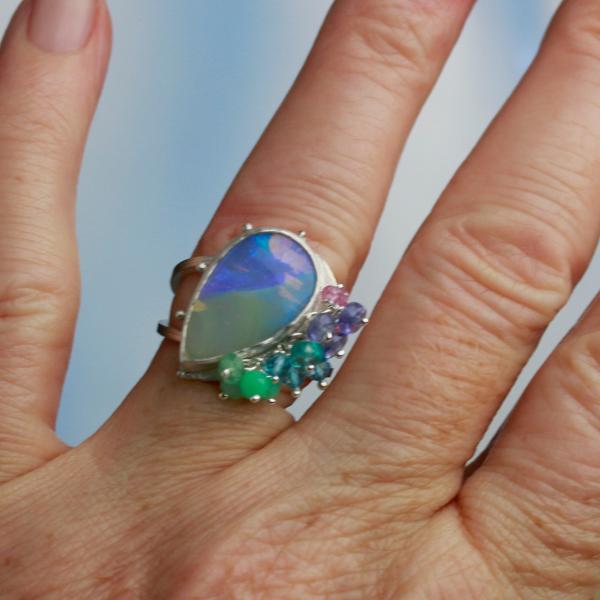 Mermaid Shades Boulder Crystal Opal Ring. Size 7 3/4. picture