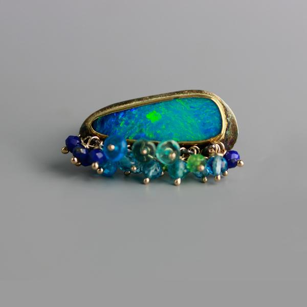 Blue Green Opal Ring with Gemstone Fringe. Size 7 1/2. picture