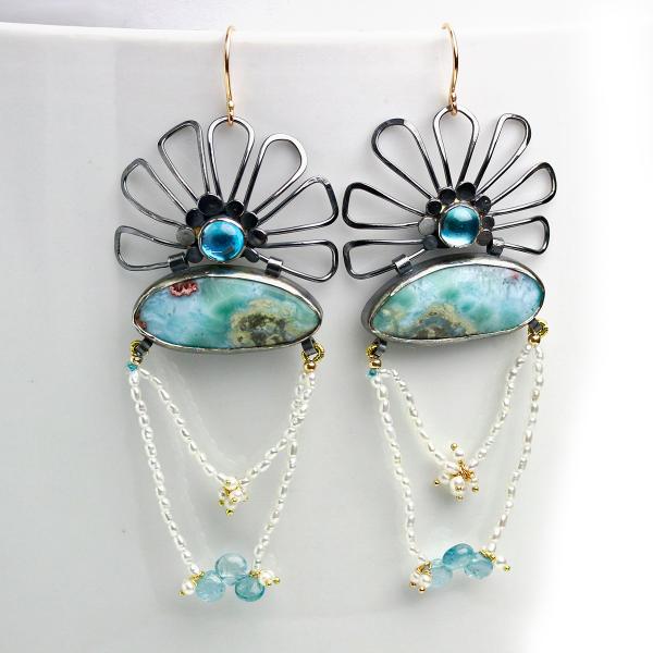 Blue Topaz Fleur Topped Larimar Earrings picture