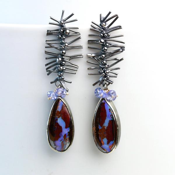 Boulder Opal and Tanzanite Earrings with Oxidized Silver Dotted Branches picture