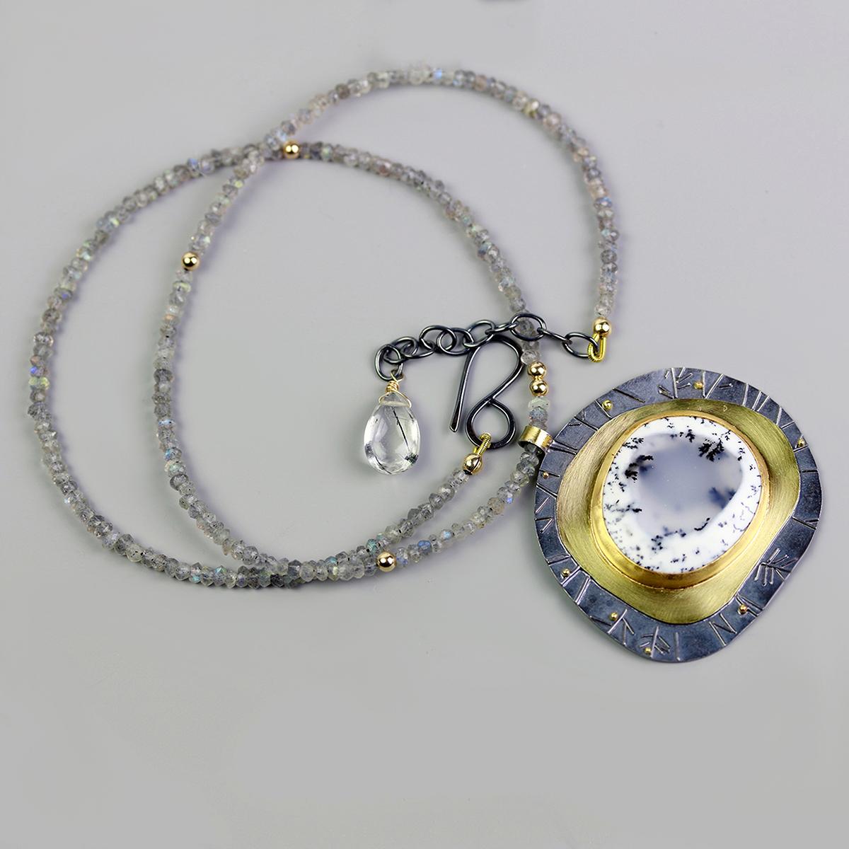 Dendritic Opal Necklace with Labradorite and Gold Forest Details picture