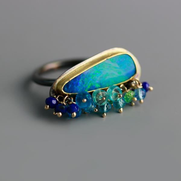 Blue Green Opal Ring with Gemstone Fringe. Size 7 1/2. picture