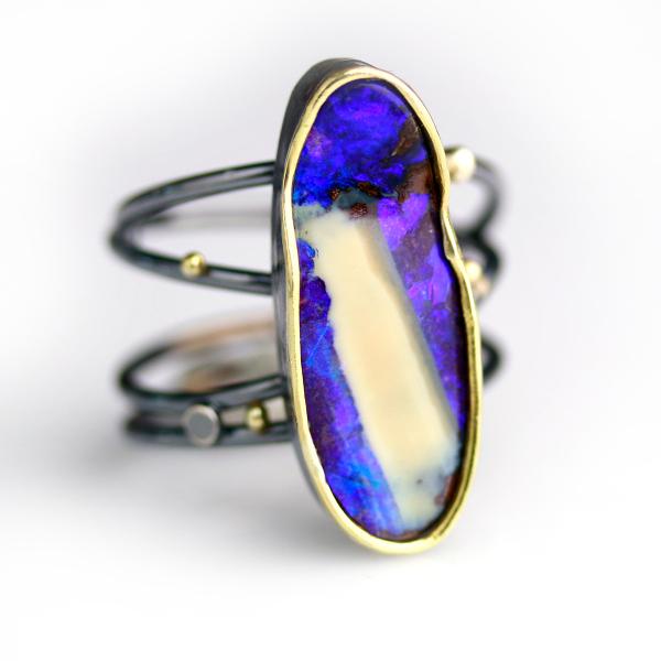 Vivid Violet Boulder Opal Ring with Swirled Band. Size 8 1/4. picture