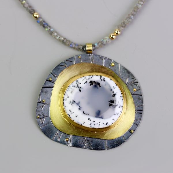 Dendritic Opal Necklace with Labradorite and Gold Forest Details