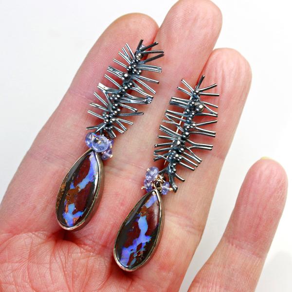 Boulder Opal and Tanzanite Earrings with Oxidized Silver Dotted Branches