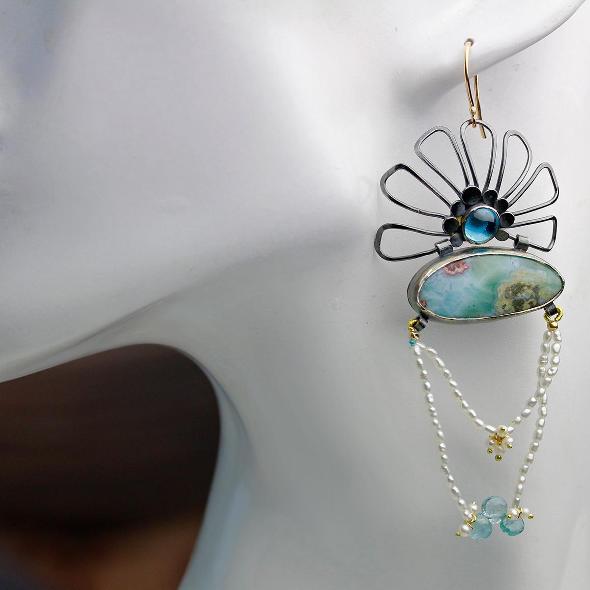 Blue Topaz Fleur Topped Larimar Earrings picture