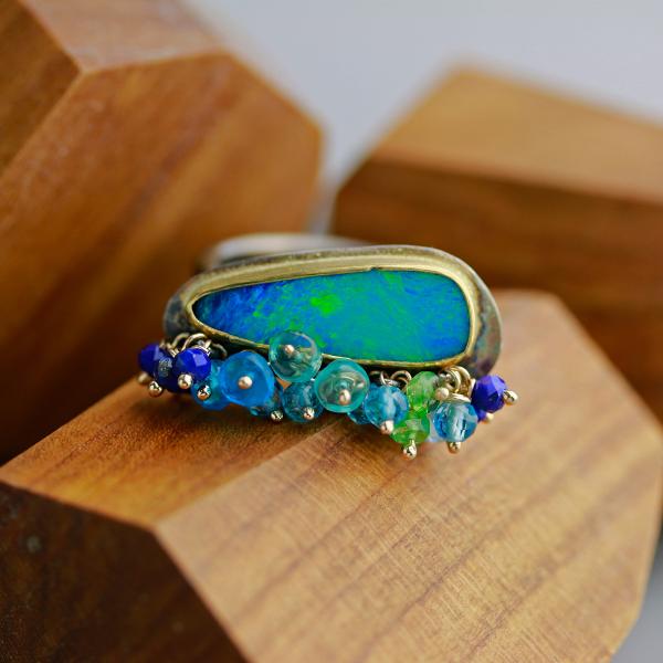 Blue Green Opal Ring with Gemstone Fringe. Size 7 1/2.