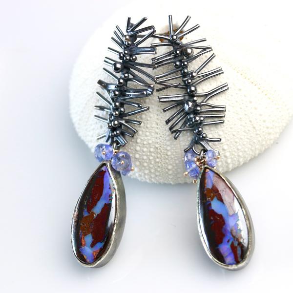 Boulder Opal and Tanzanite Earrings with Oxidized Silver Dotted Branches picture