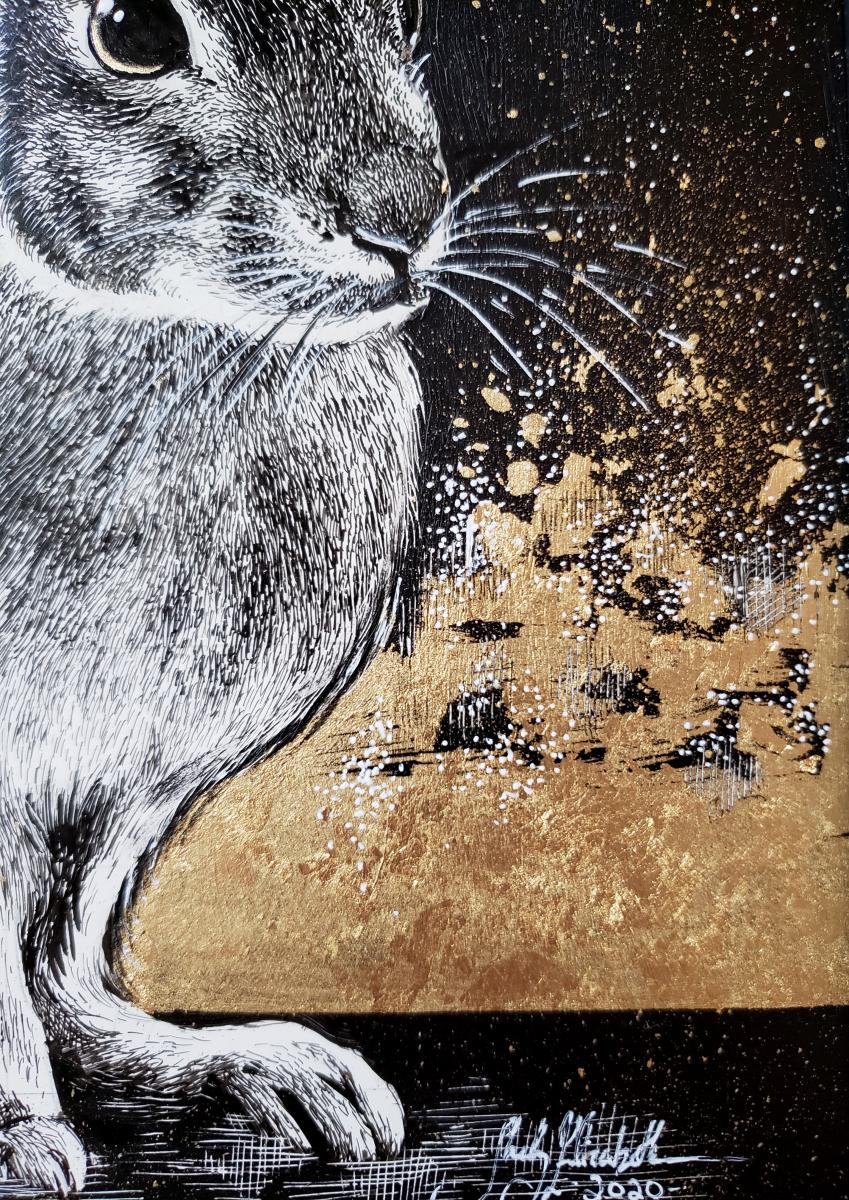 'Golden Cottontail' Ink Drawing + Gold-Leaf picture