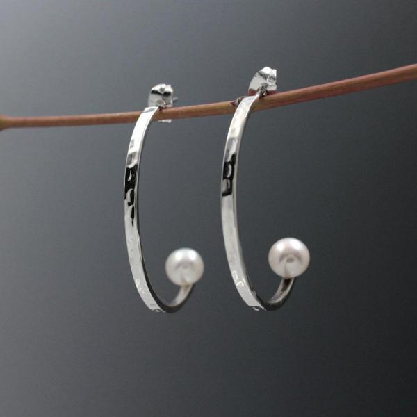 Half Silver Hoop Earrings With Fresh Water Pearl With Hammered Silver Finish | Silver Post Earrings picture
