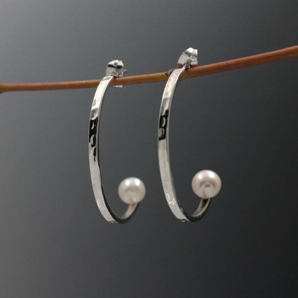 Half Silver Hoop Earrings With Fresh Water Pearl With Hammered Silver Finish | Silver Post Earrings picture