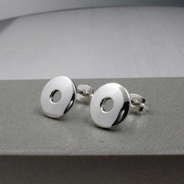 Small Off-Center Disc Sterling Silver Earrings With High Polished Silver Finish | Silver Post Earrings