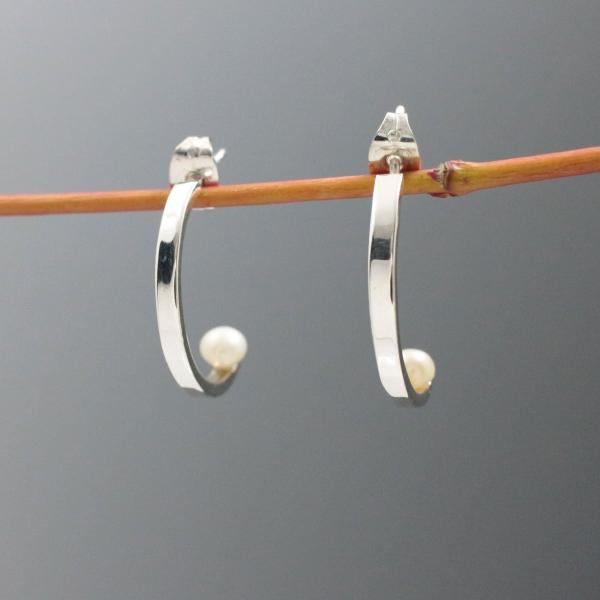 Small Half Silver Hoop And Fresh Water Pearl With High Polished Silver Finish | Silver Post Earrings