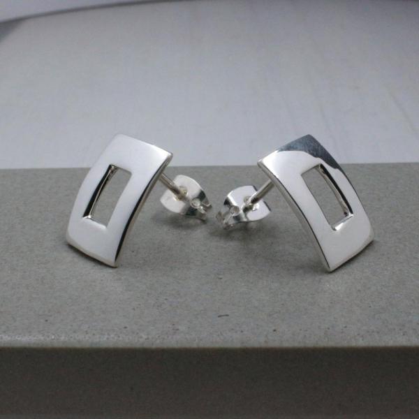 Small Off-Center Rectangle Sterling Silver Earrings With High Polished Silver Finish | Silver Post Earrings picture