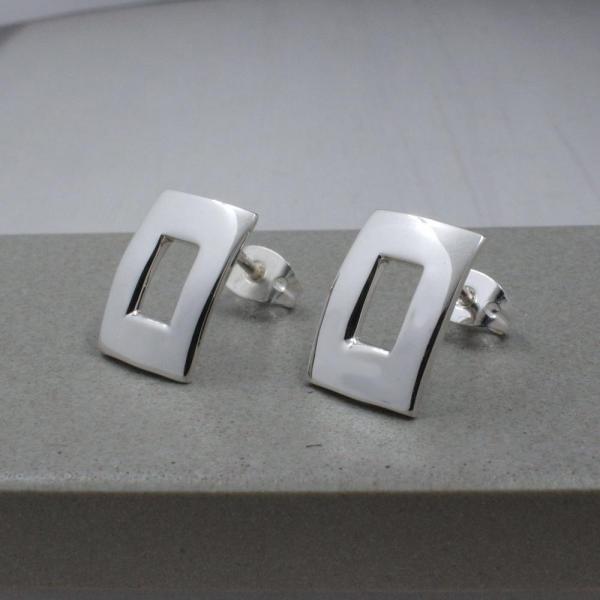 Small Off-Center Rectangle Sterling Silver Earrings With High Polished Silver Finish | Silver Post Earrings picture