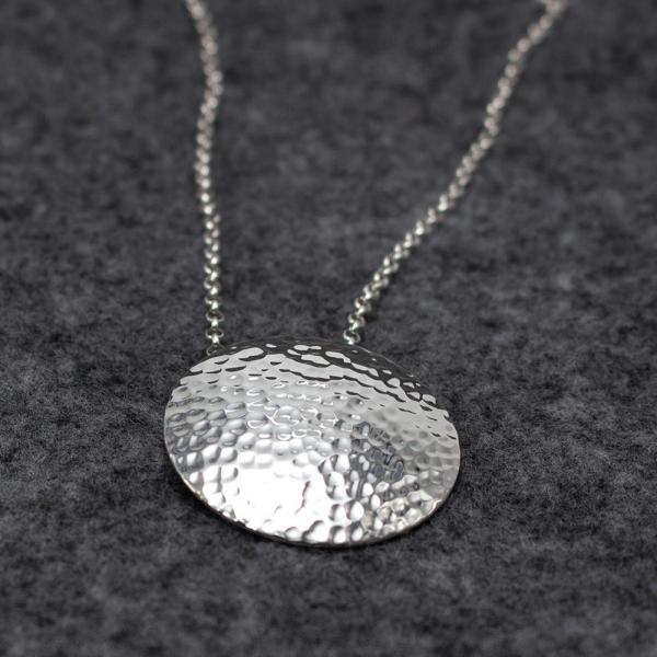 Disc Sterling Silver Pendant With Hammered Silver Finish | Adjustable Silver Chain