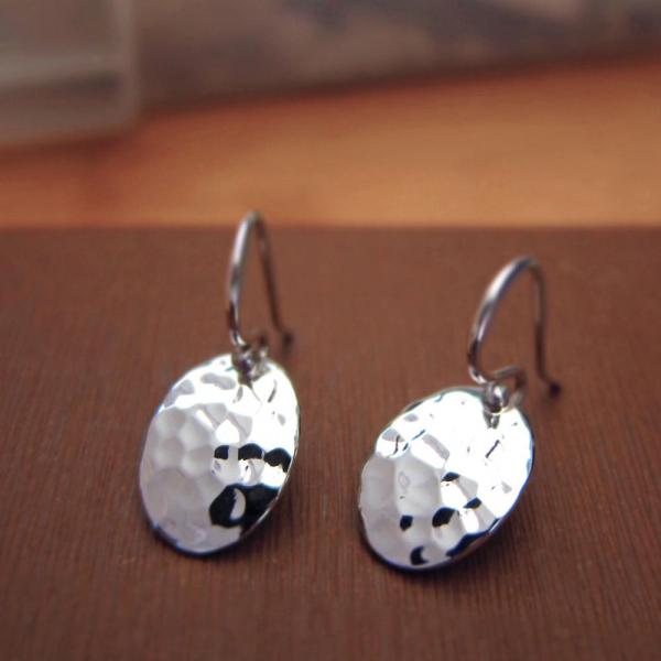 Small Oval Sterling Silver Earrings With Hammered Silver Finish | French Wire Silver Earrings picture