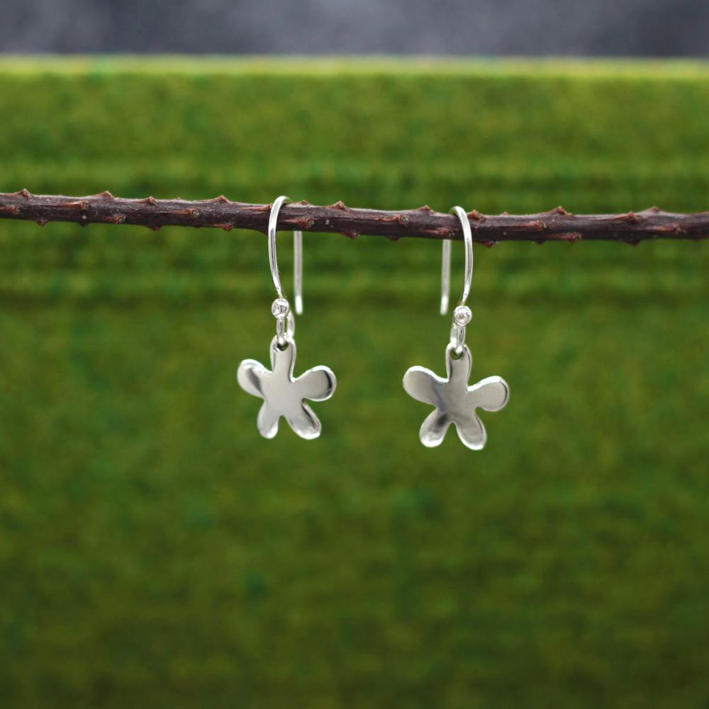 Small Daisy Sterling Silver Earrings With High Polished Silver Finish | French Wire Silver Earrings picture