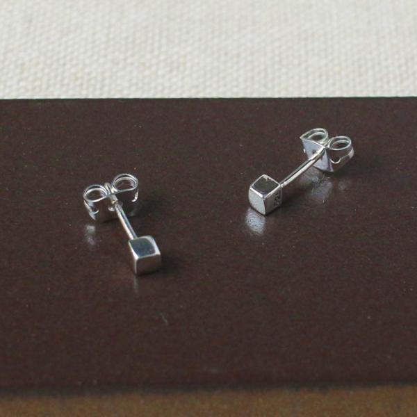 Tiny Cube Sterling Silver Earrings With High Polished Silver Finish | Silver Post Earrings