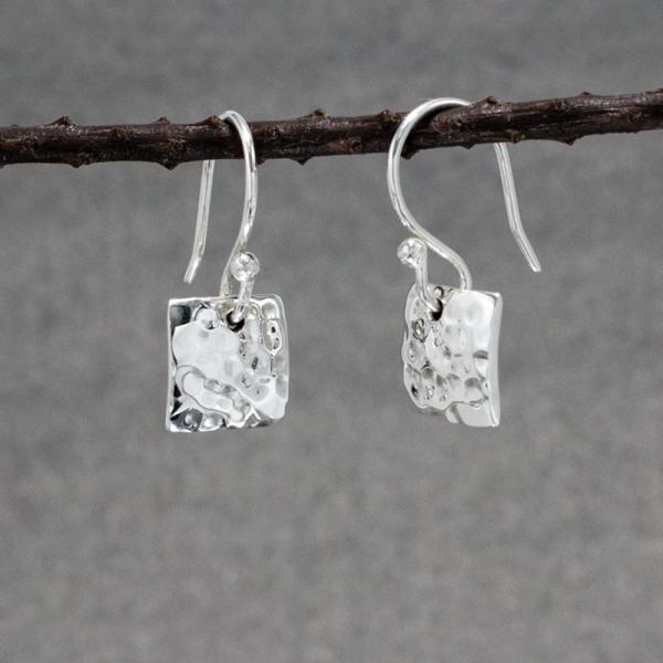 Small Square Sterling Silver Earrings With Hammered Silver Finish | French Wire Silver Earrings