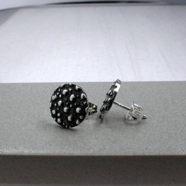 Small Disc Dotted Sterling Silver Earrings With Oxidized Silver Finish | Silver Post Earrings picture