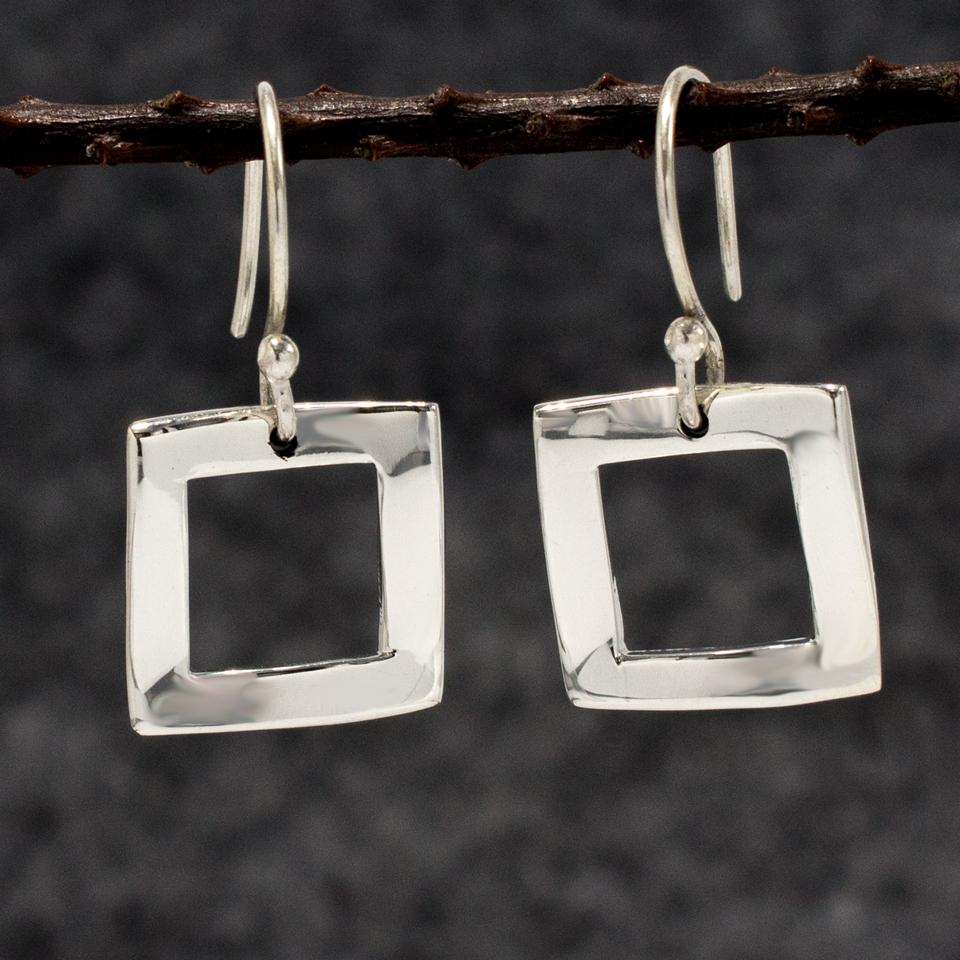 Rippled Inner Square Sterling Silver Earrings With High Polished Silver Finish | French Wire Silver Earrings picture