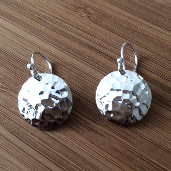 Disc Sterling Silver Earrings With Hammered Silver Finish | French Wire Silver Earrings picture