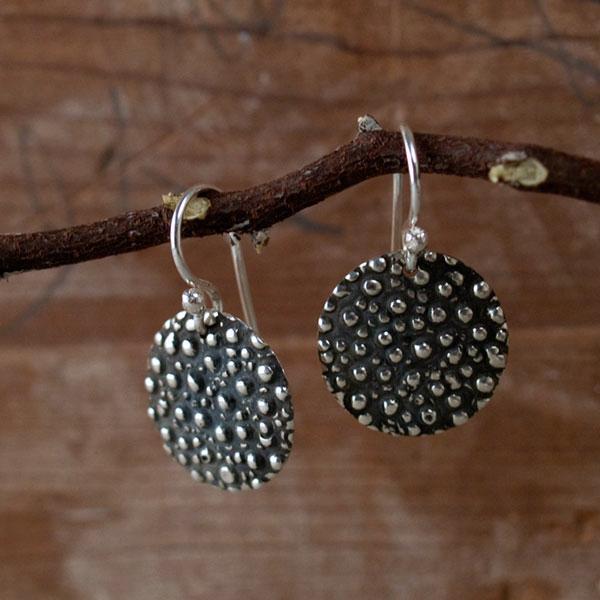 Disc Dotted Sterling Silver Earrings With Oxidized Silver Finish | French Wire Silver Earrings picture