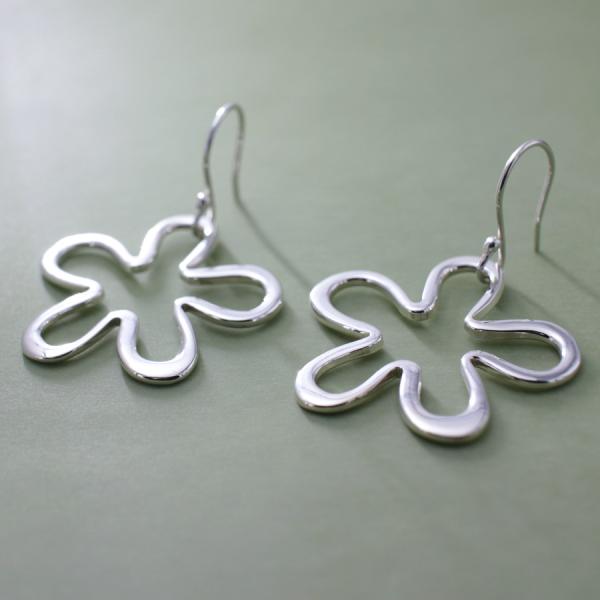 Daisy Silhouette Flower Sterling Silver Earrings With High Polished Silver Finish | French Wire Silver Earrings picture