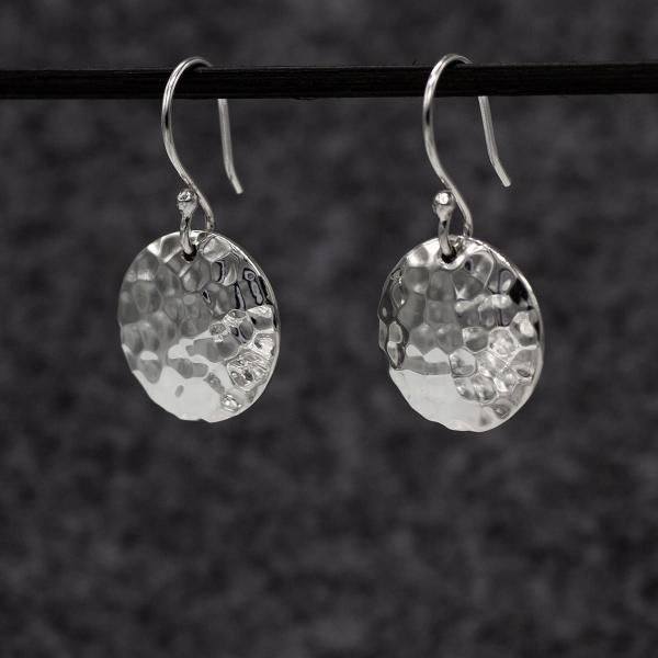 Disc Sterling Silver Earrings With Hammered Silver Finish | French Wire Silver Earrings picture